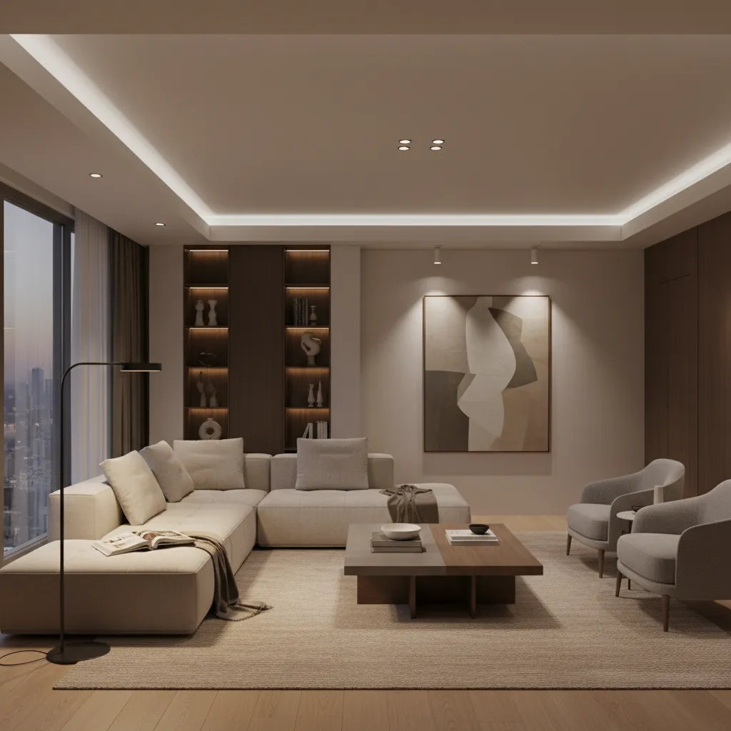 living room demonstrating ambient task and accent lighting layers