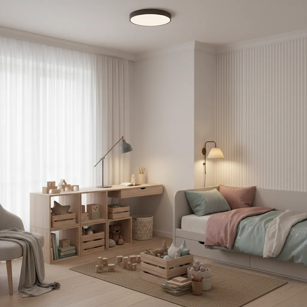diagram style kids bedroom showing layered lighting zones including ceiling, desk lamp and bedside light