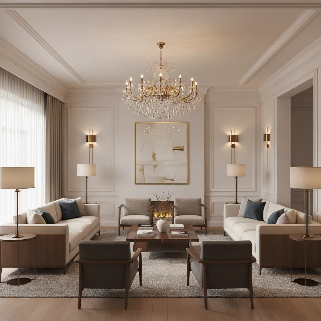 Elegant living room with ceiling light wall lights sofas armchairs coffee table and wall panels