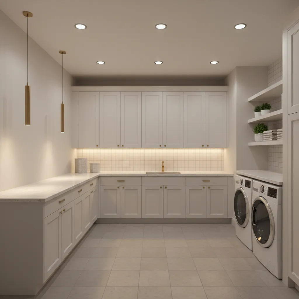 diagram style interior showing layered lighting in tall laundry room