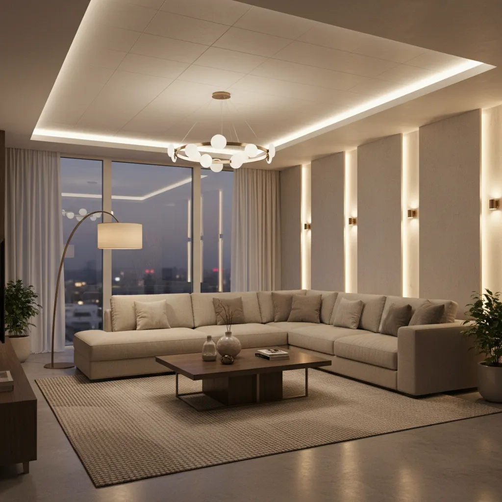 living hall layered lighting with ceiling light floor lamp and wall lighting