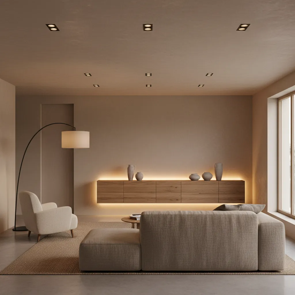 Minimalist beige living room with grey sofa armchair wooden cabinet floor lamp and recessed ceiling lights
