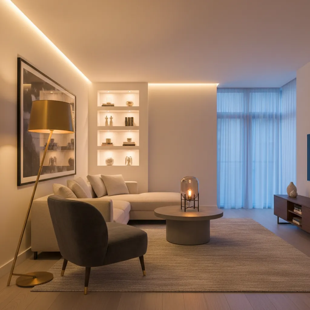 Salón con iluminación en capas usando lámparas de pie y mesa