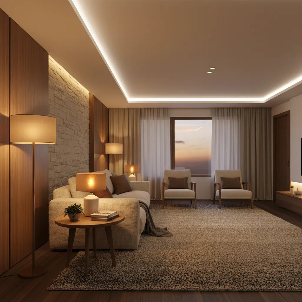 Living room showing layered lighting with floor lamp table lamp and ceiling light