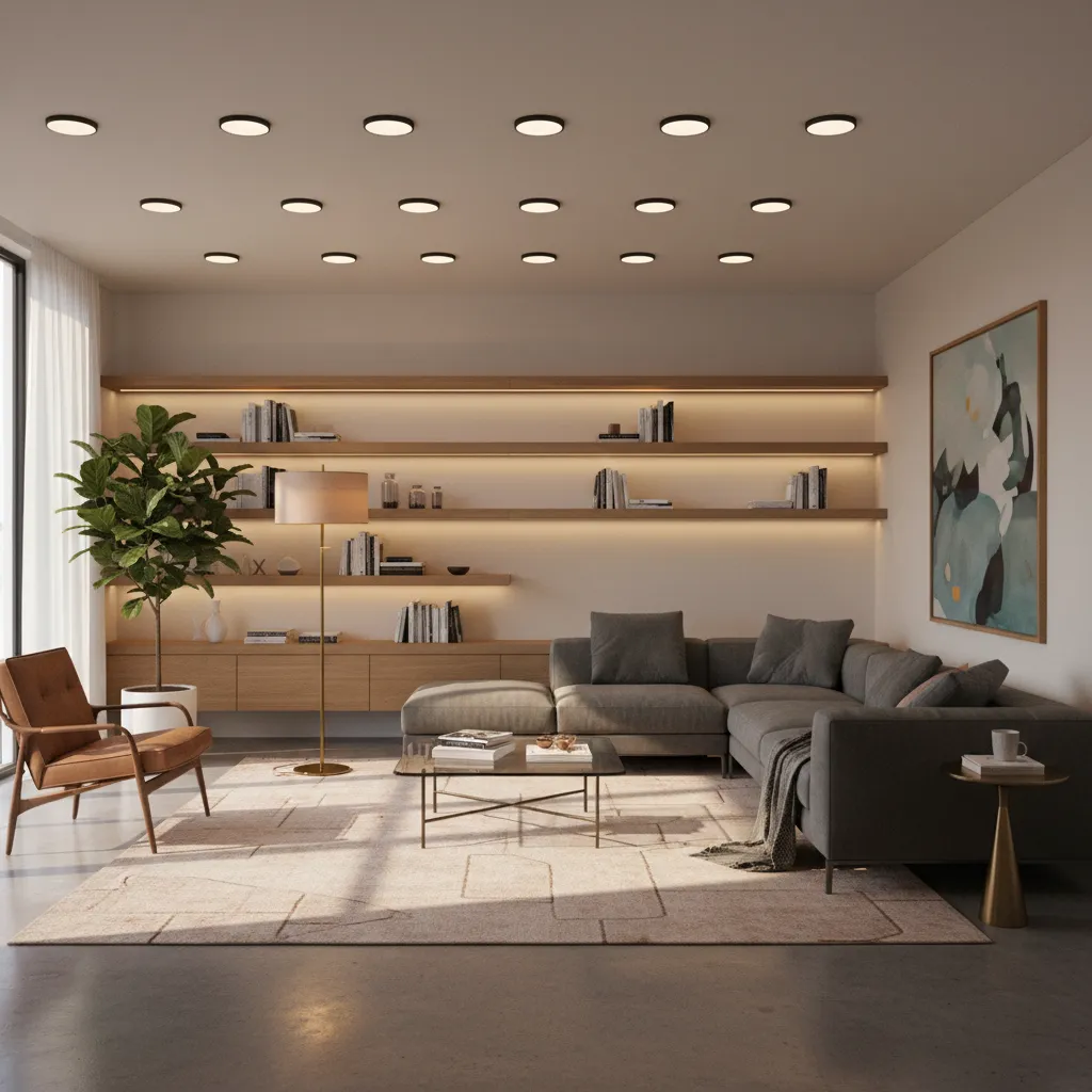 Salón con iluminación en capas combinando luz general, ambiental y puntual