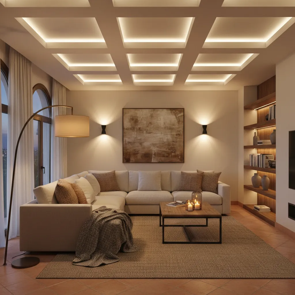 Salón con diferentes capas de iluminación interior