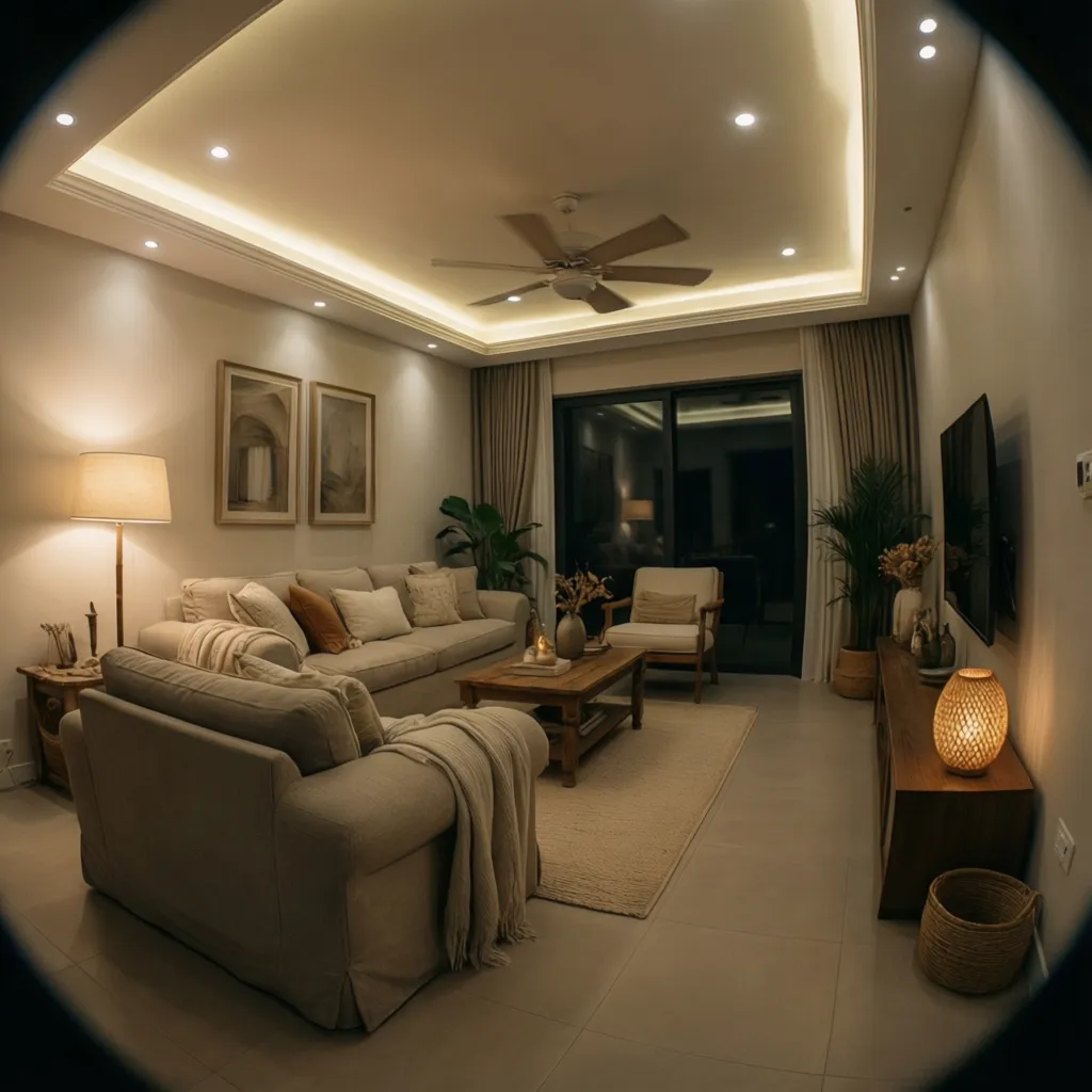 Salón con diferentes capas de iluminación: techo, lámparas y luz indirecta