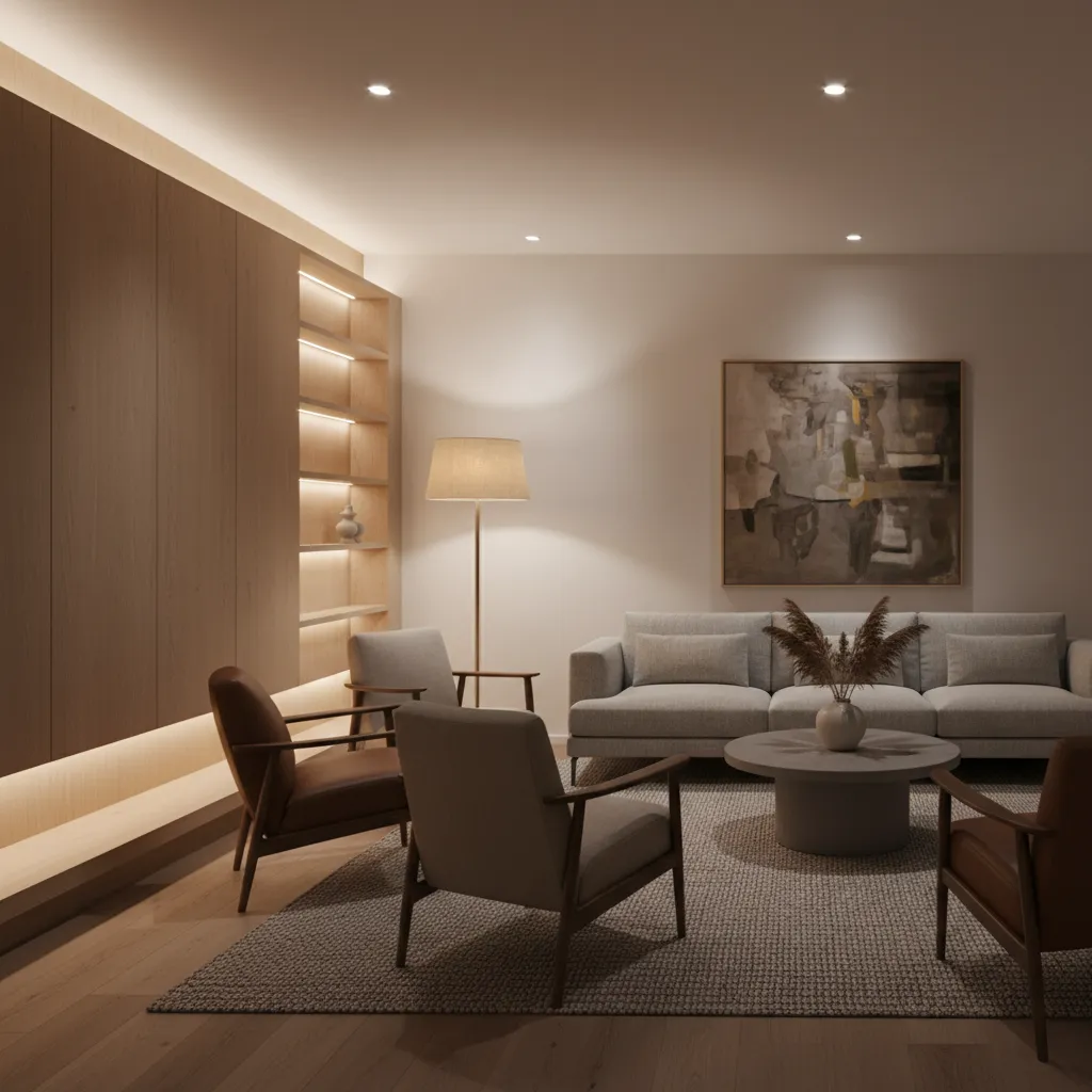 Salón con diferentes capas de iluminación incluyendo lámpara de pie, luz ambiental y techo