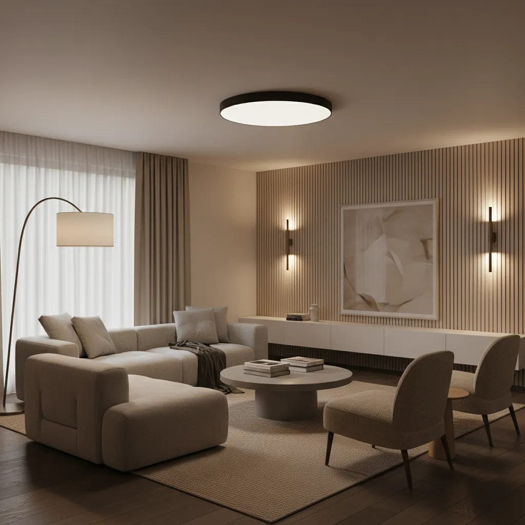 Living room demonstrating layered lighting with ceiling light floor lamp and wall lighting