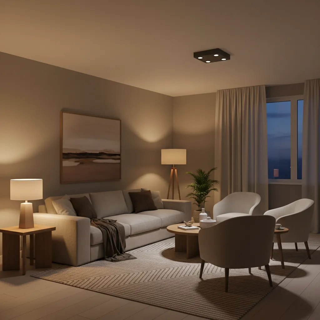 Living room with layered lighting including floor lamp table lamp and ceiling light