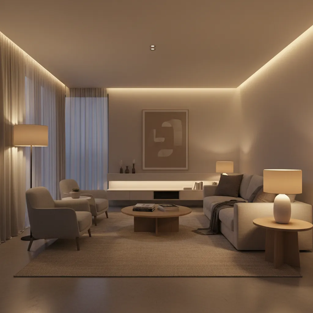 living room interior demonstrating layered lighting with floor lamp and table lamp