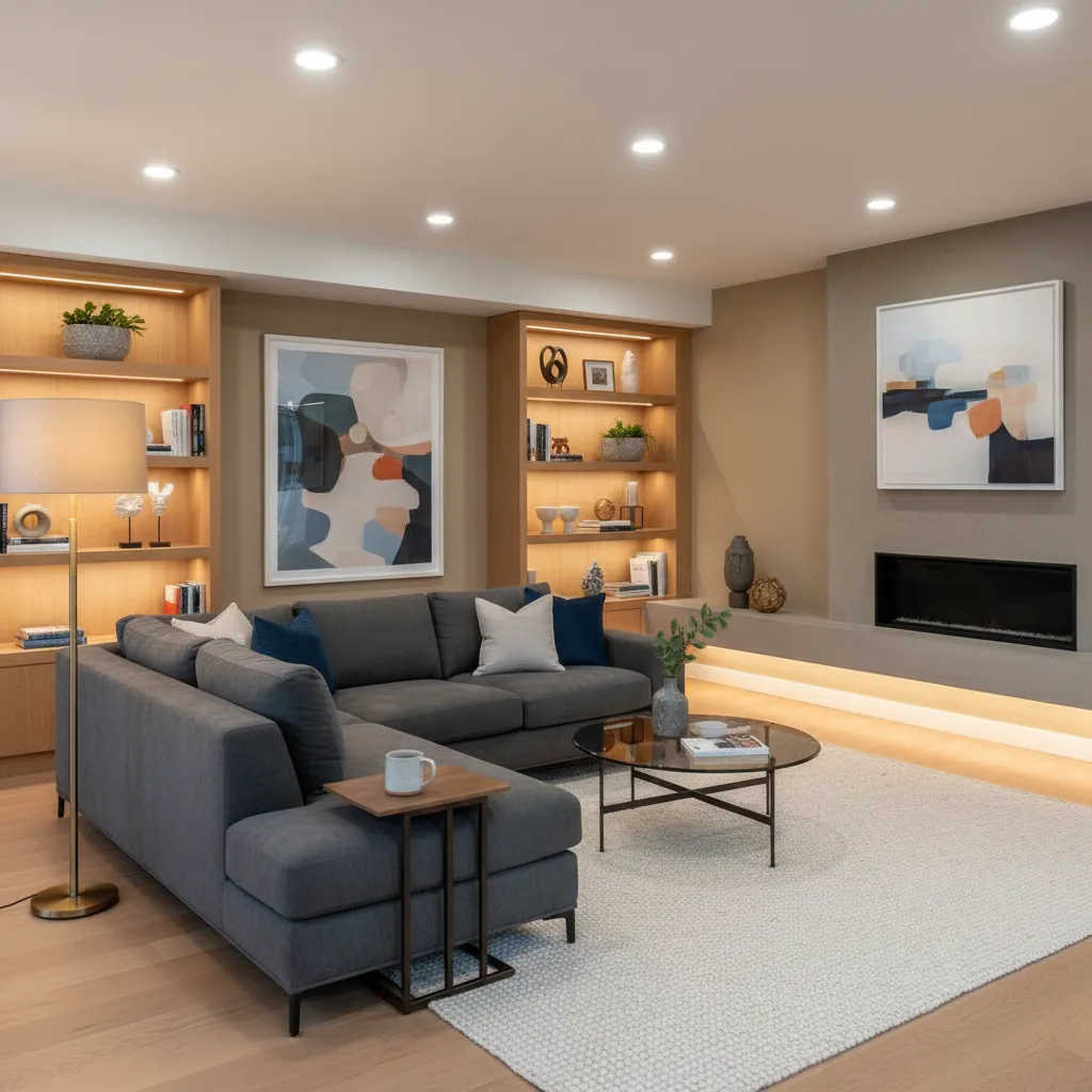 Ejemplo de salón con iluminación ambiental, funcional y decorativa