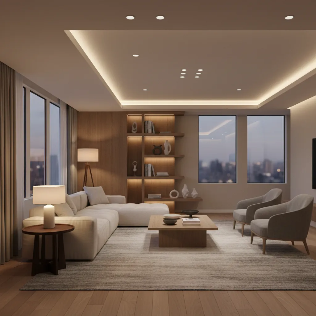 Modern living room with layered lighting including floor lamp table lamp and ceiling lights