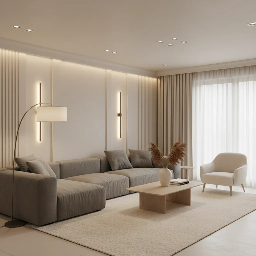 Living room showing layered lighting with ceiling lights floor lamps and accent lighting