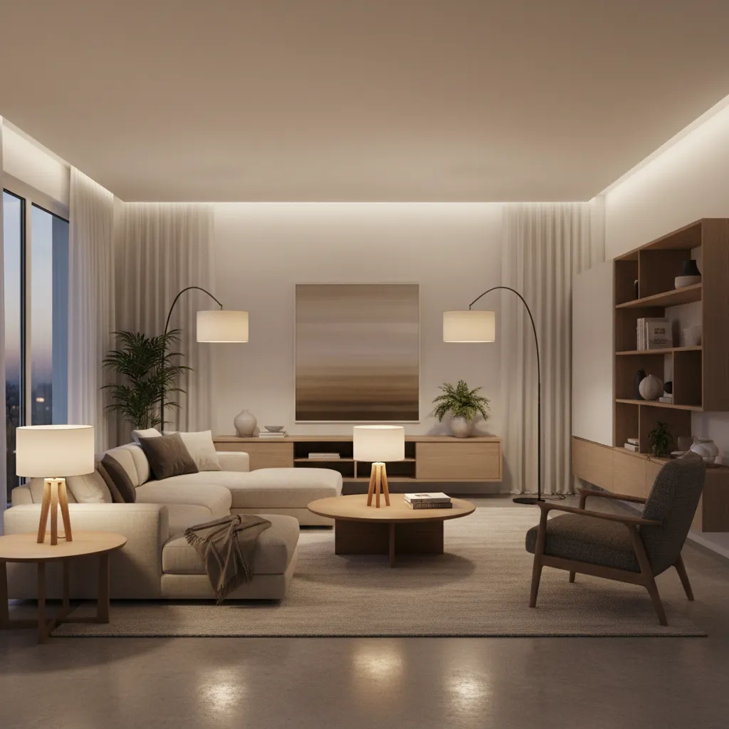 living room showing layered lighting with floor lamps table lamps and ceiling lights