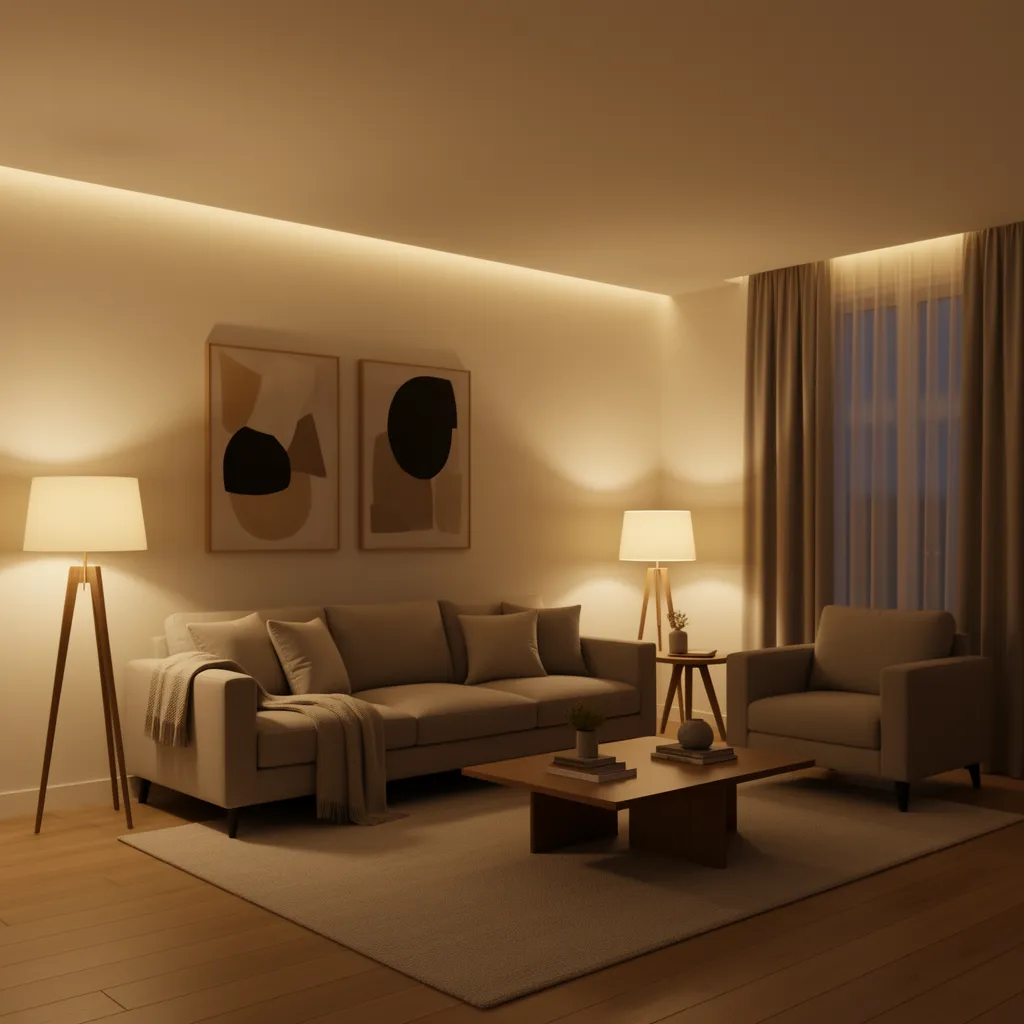 Living room with layered lighting using floor lamp table lamp and ambient lighting