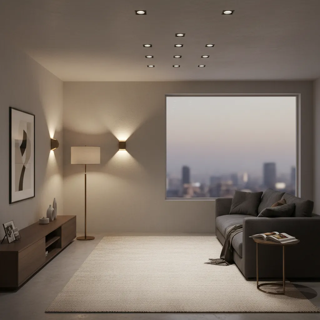 living room interior showing ambient task and accent lighting layers
