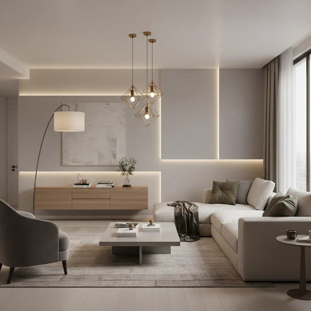 Living room with layered lighting including pendant floor lamp and wall lighting