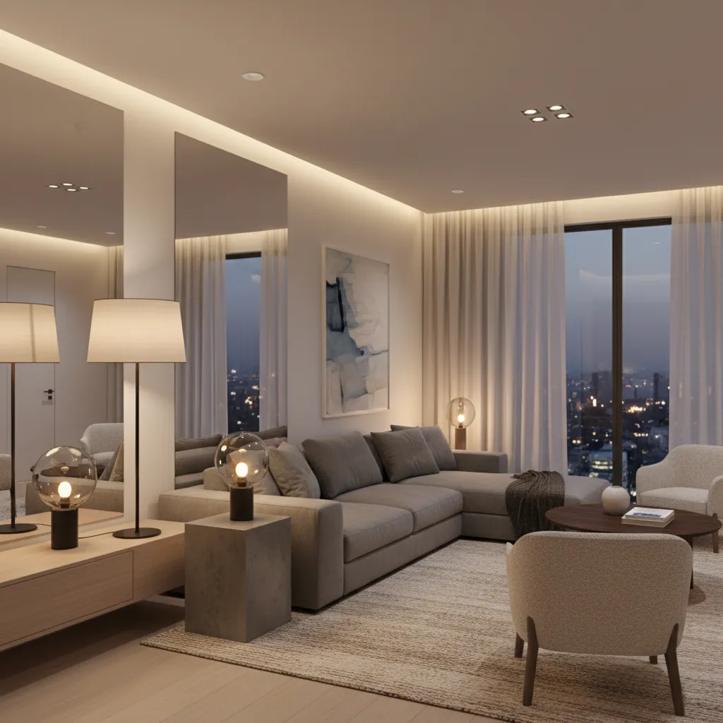 Living room demonstrating layered lighting with floor lamp and table lamp