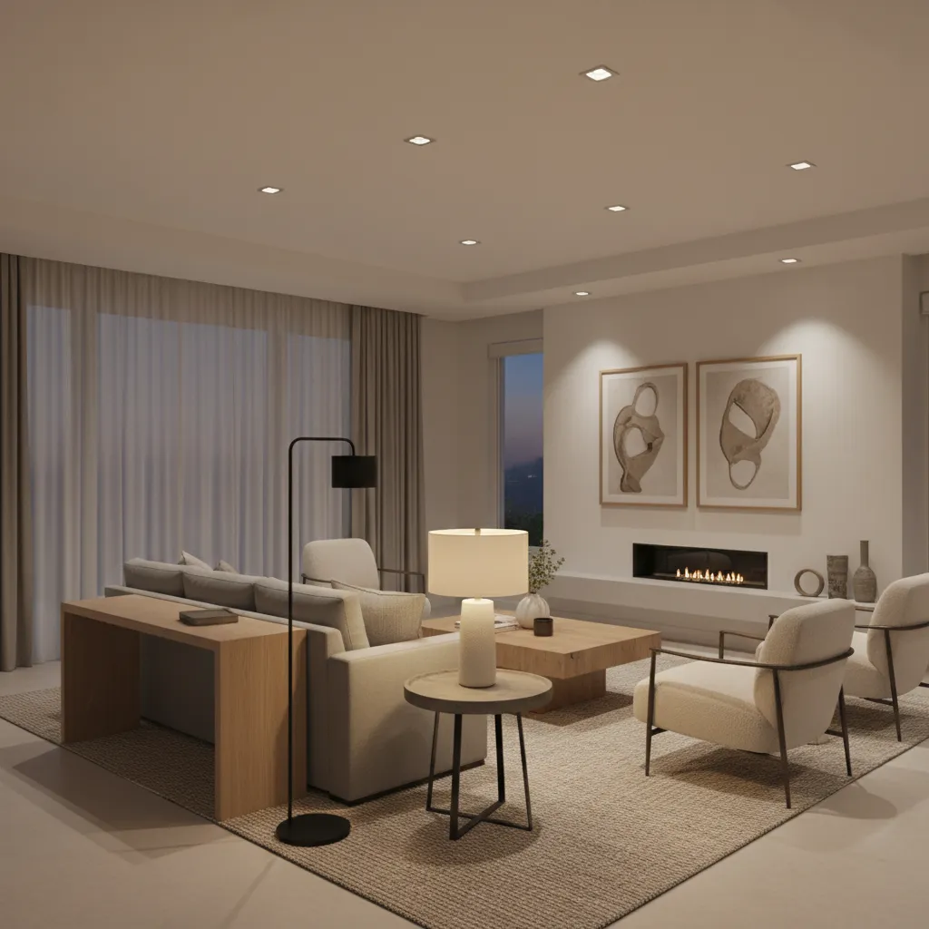 Living room example showing ambient, task, and accent lighting