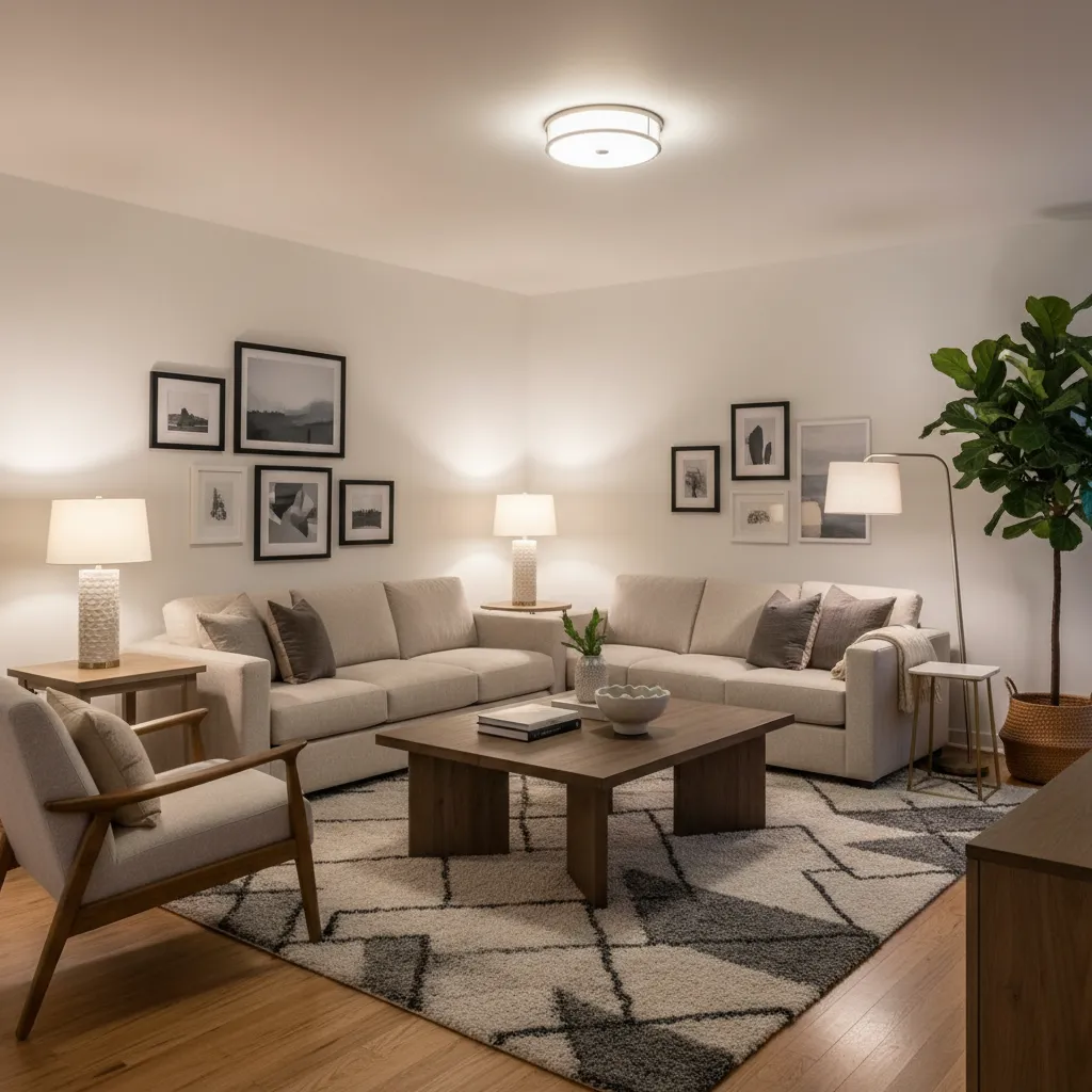 living room showing layered lighting with lamps and warm ambient light