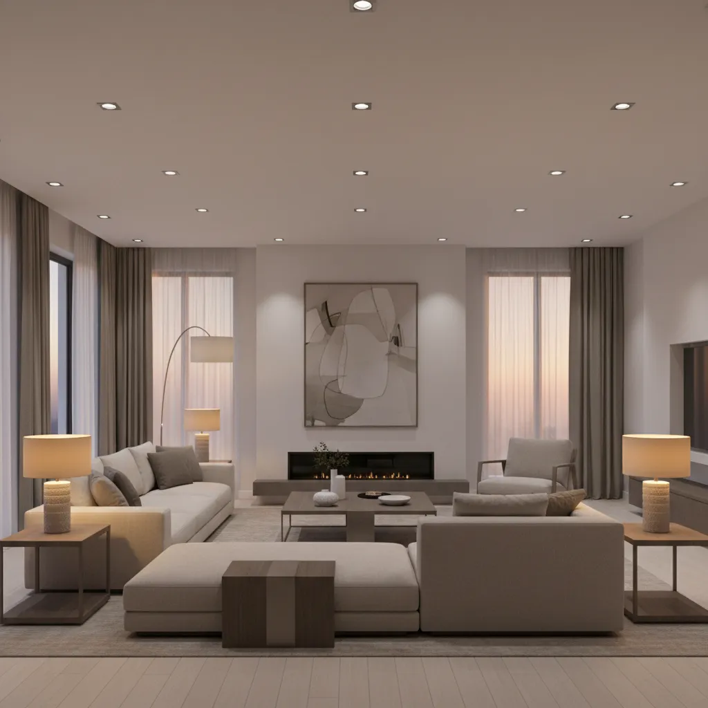 living room showing recessed lights floor lamps and table lamps