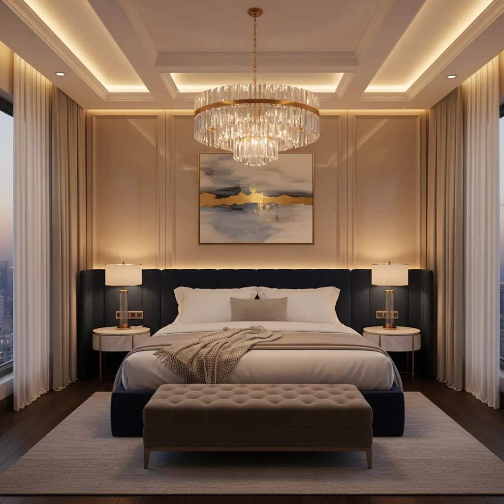 Luxury bedroom demonstrating layered lighting design