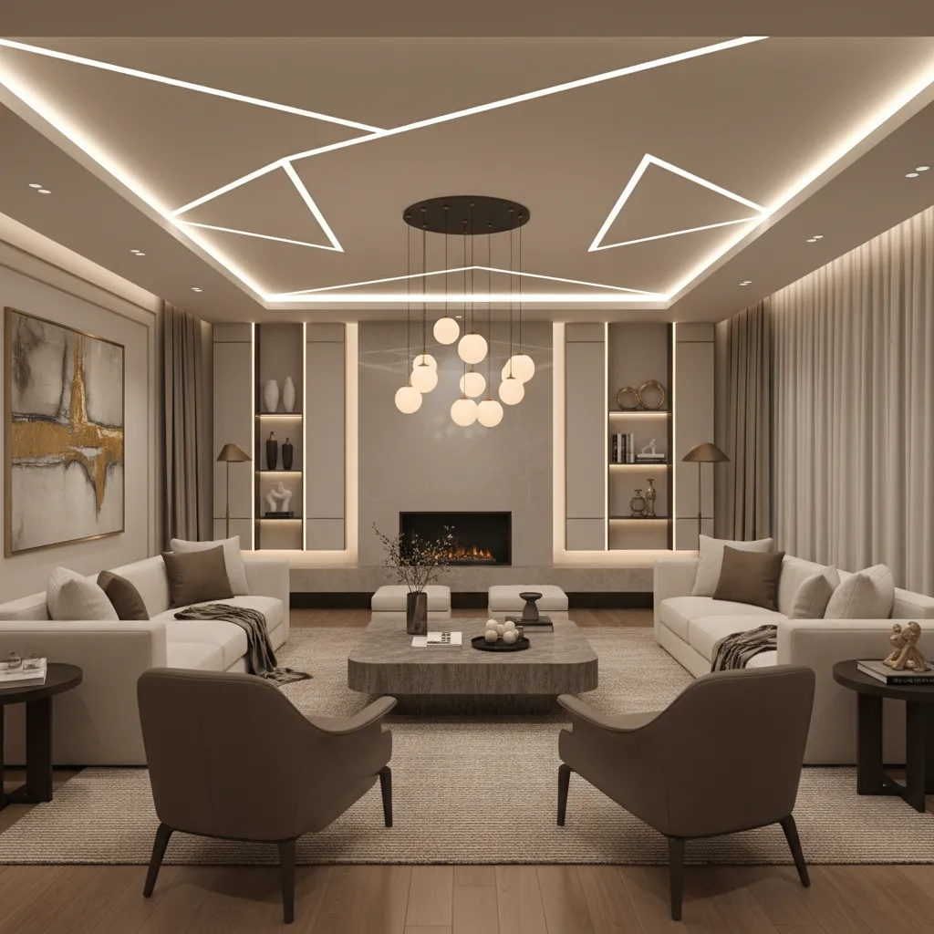 Interior rumah dengan pencahayaan berlapis yang elegan