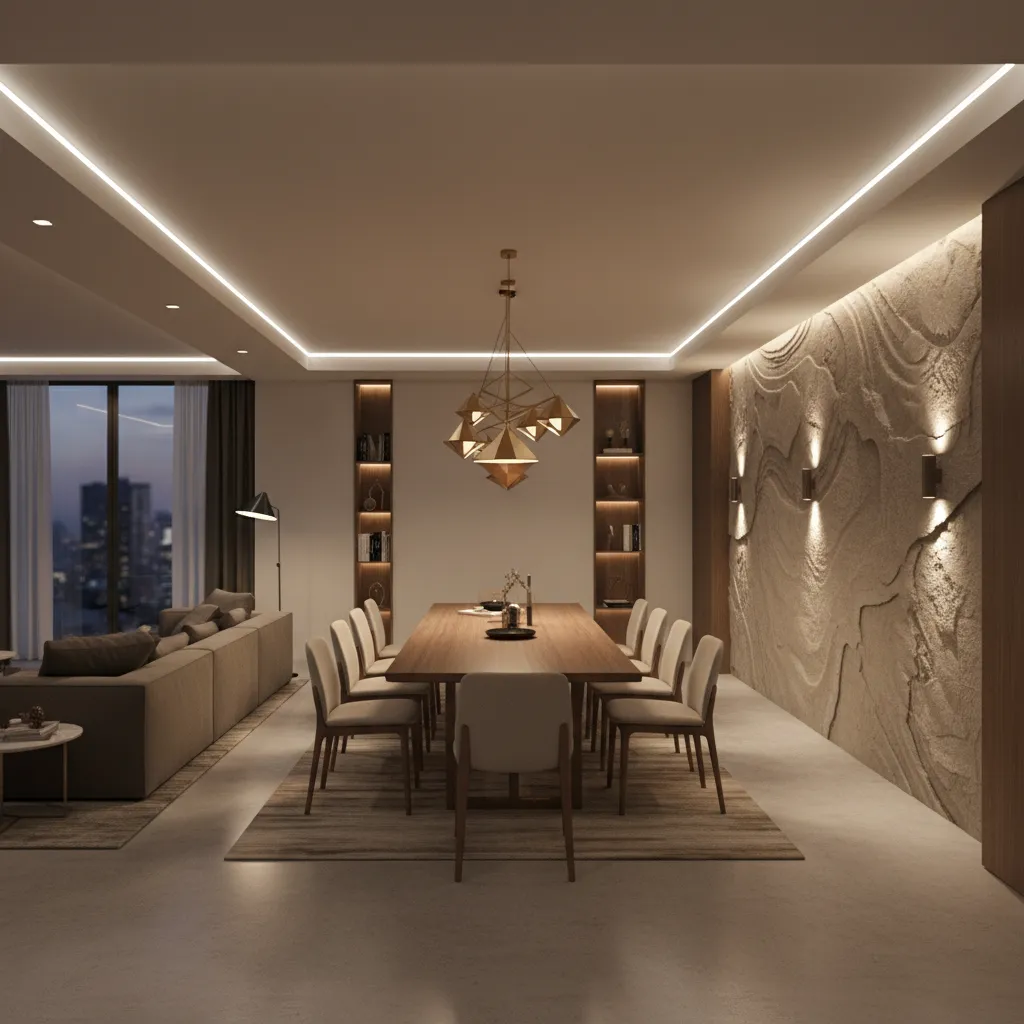 Luxury interior showing layered lighting with recessed lights, wall lighting and pendant fixtures