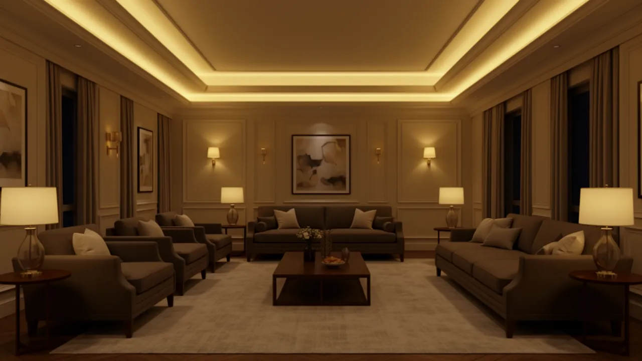 Luxury living room demonstrating layered lighting with sconces lamps and ceiling lighting