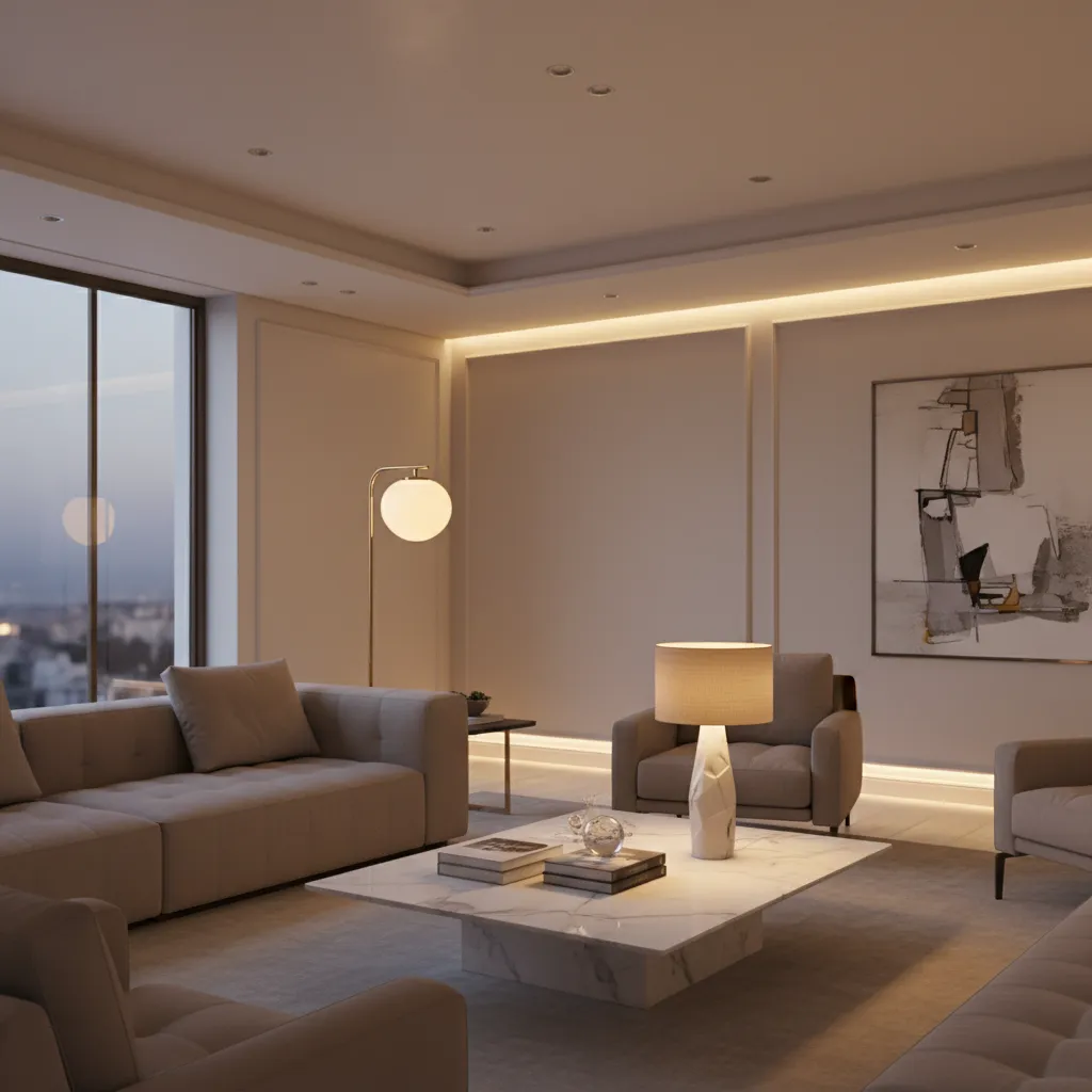 Luxury living room with layered lighting including floor lamps and recessed lights
