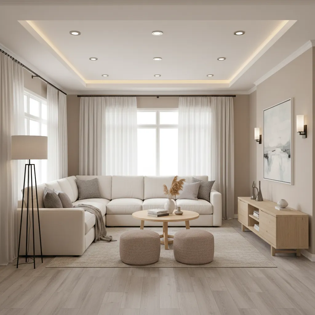 Layered lighting in a modern manufactured home living room with recessed lights and floor lamps