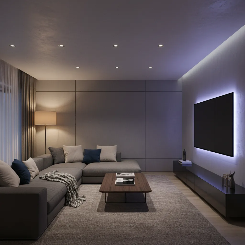 media room with layered lighting including LED accents and ambient lights