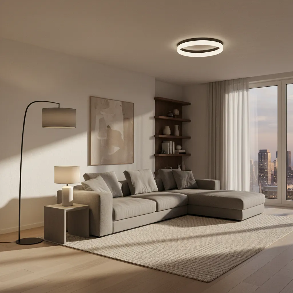 Medium living room showing layered lighting with ceiling light floor lamp and table lamp
