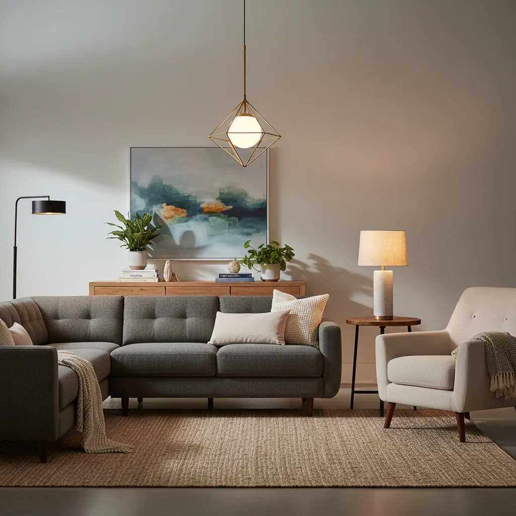 Layered lighting setup in a medium living room with floor lamp table lamp and ceiling light