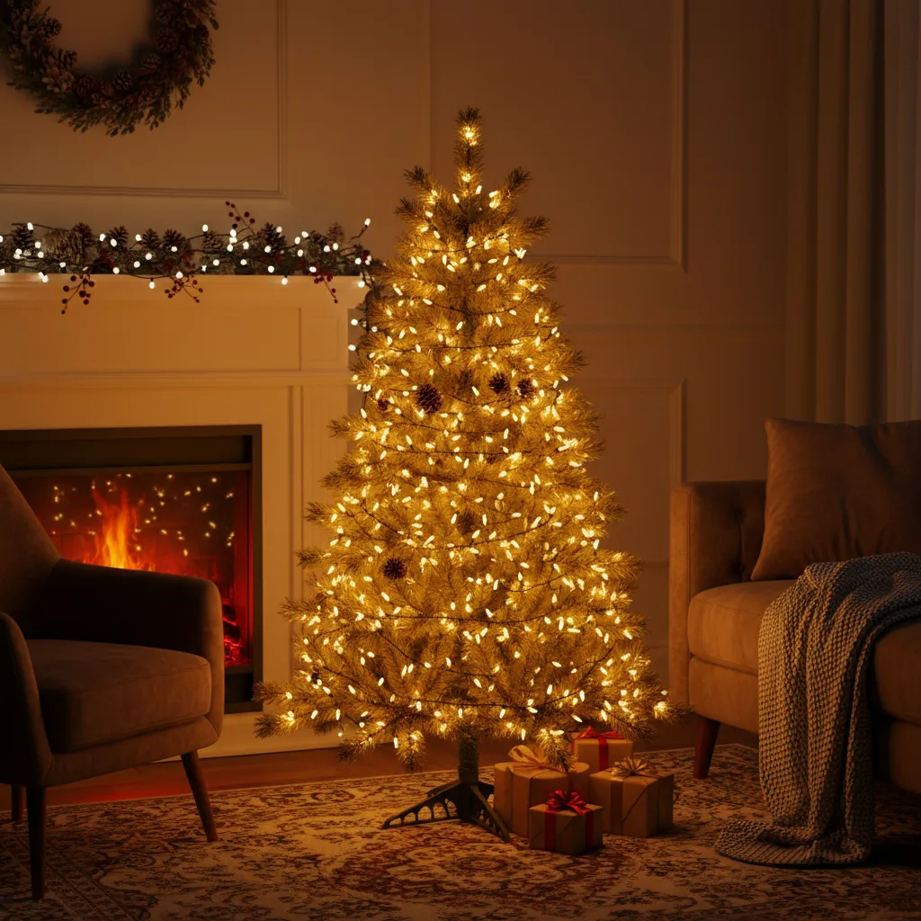 mini Christmas tree with lights wrapped inside branches creating depth