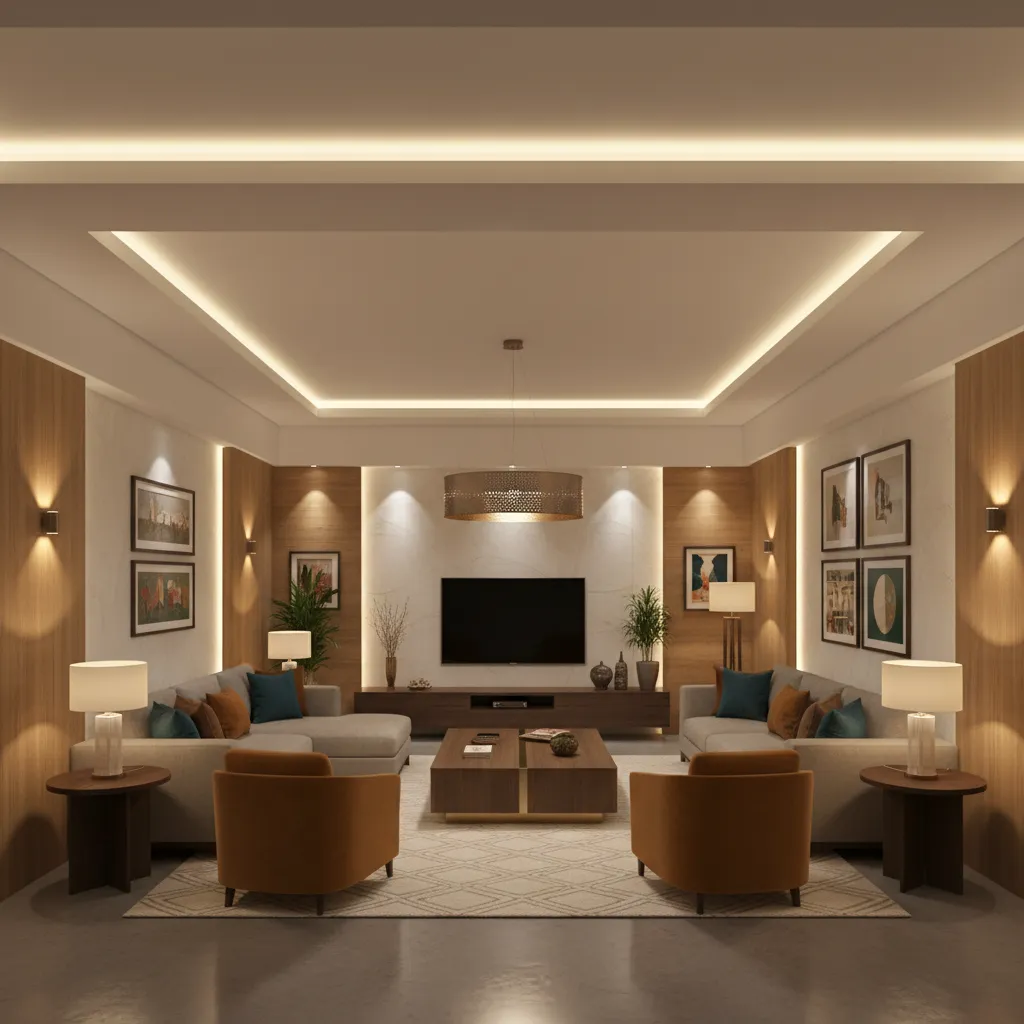 Modern apartment interior showing layered lighting with ceiling lights and accent lighting