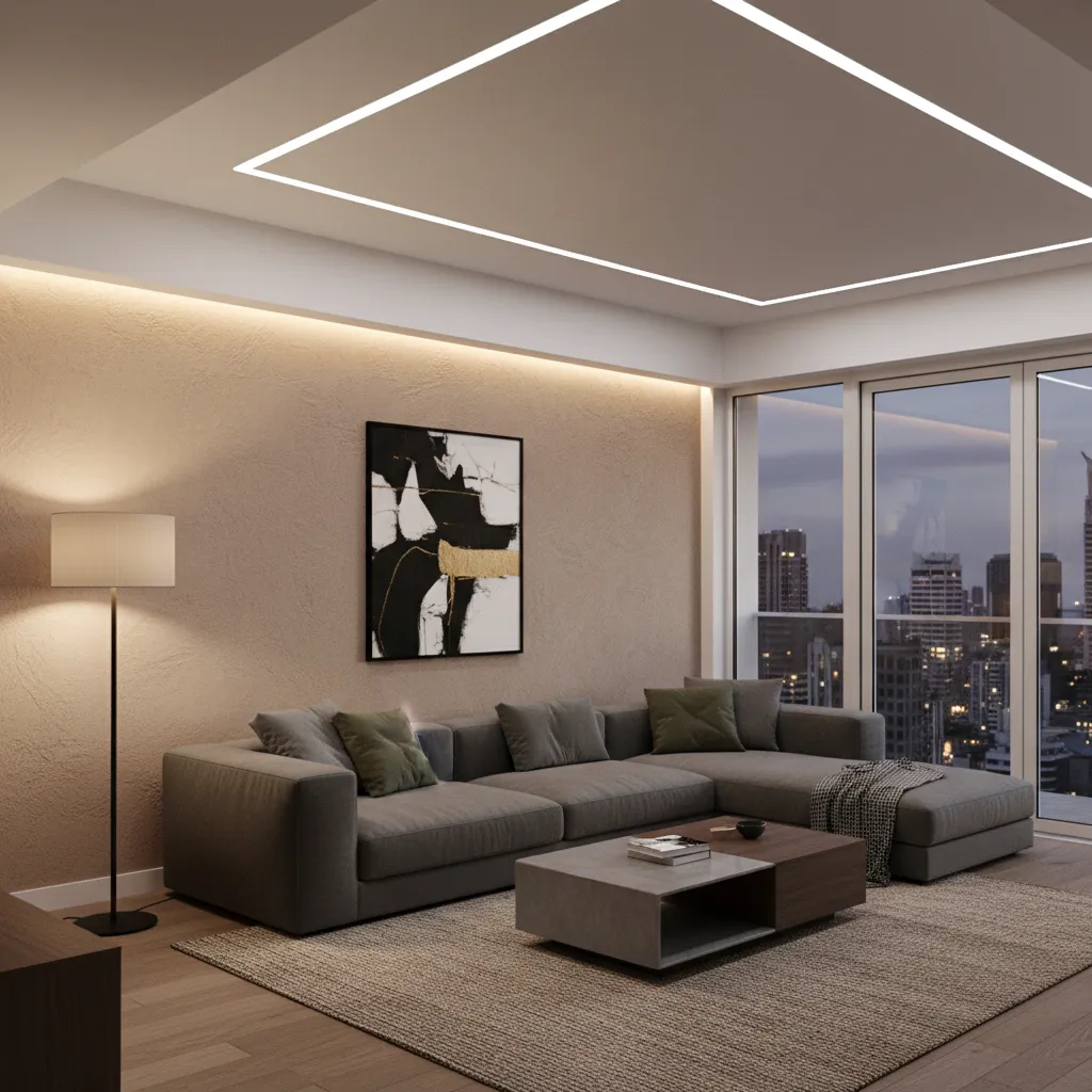 Layered lighting setup in a modern apartment living room with ceiling lights, lamps and accent lighting