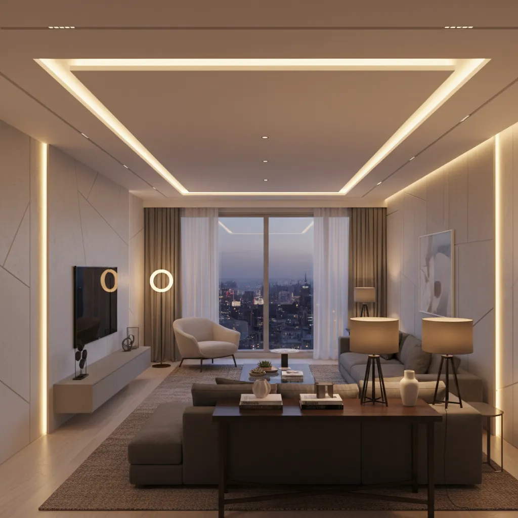 Layered lighting design in a modern apartment living room