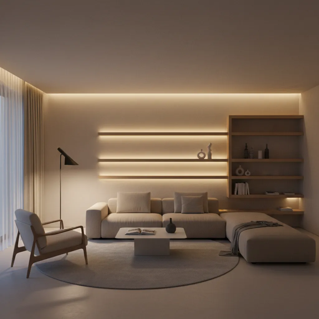 Modern interior showing layered lighting with floor lamp wall light and ceiling light