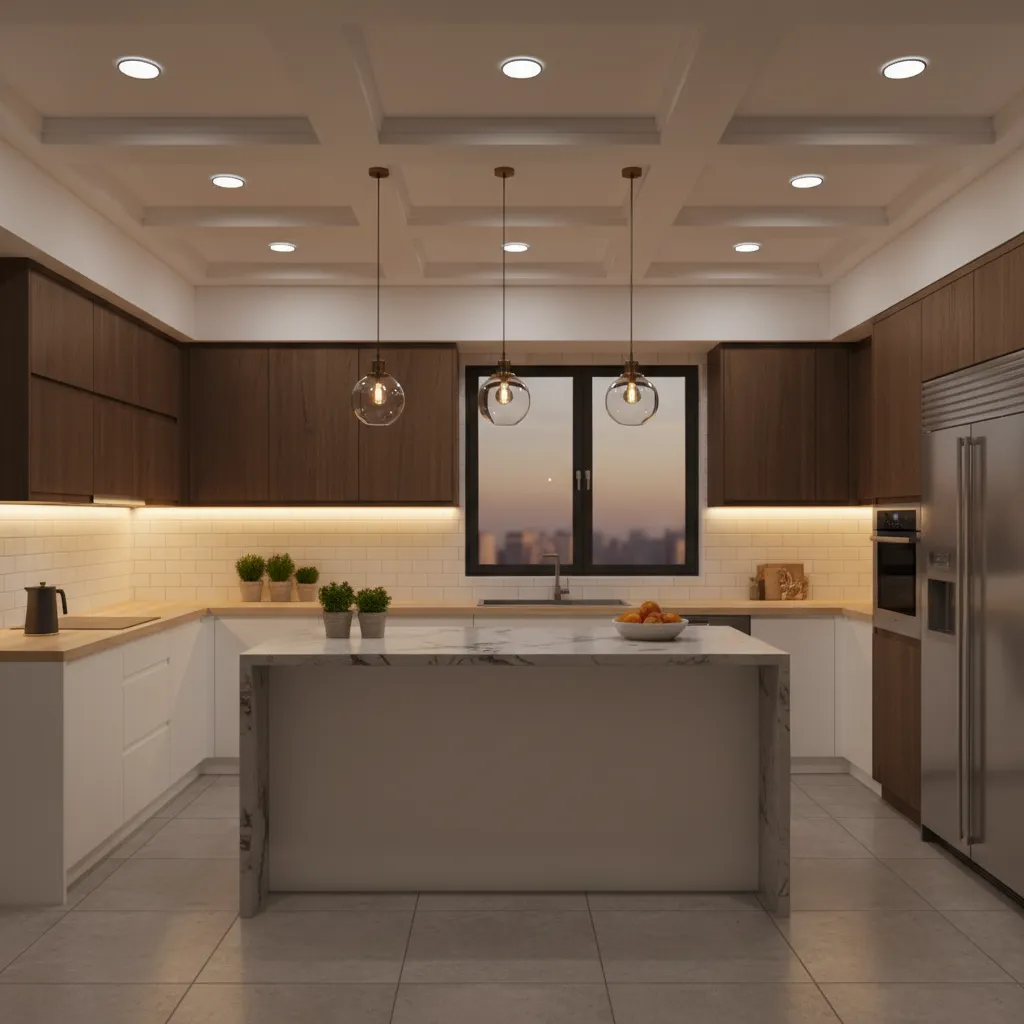 Modern kitchen with layered lighting including pendants recessed lights and under cabinet lighting