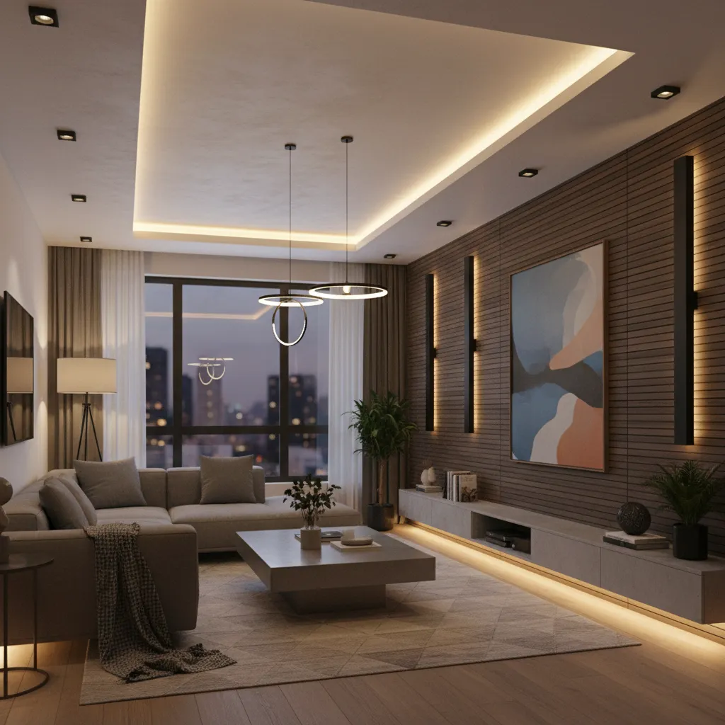 Layered lighting design in modern apartment living room
