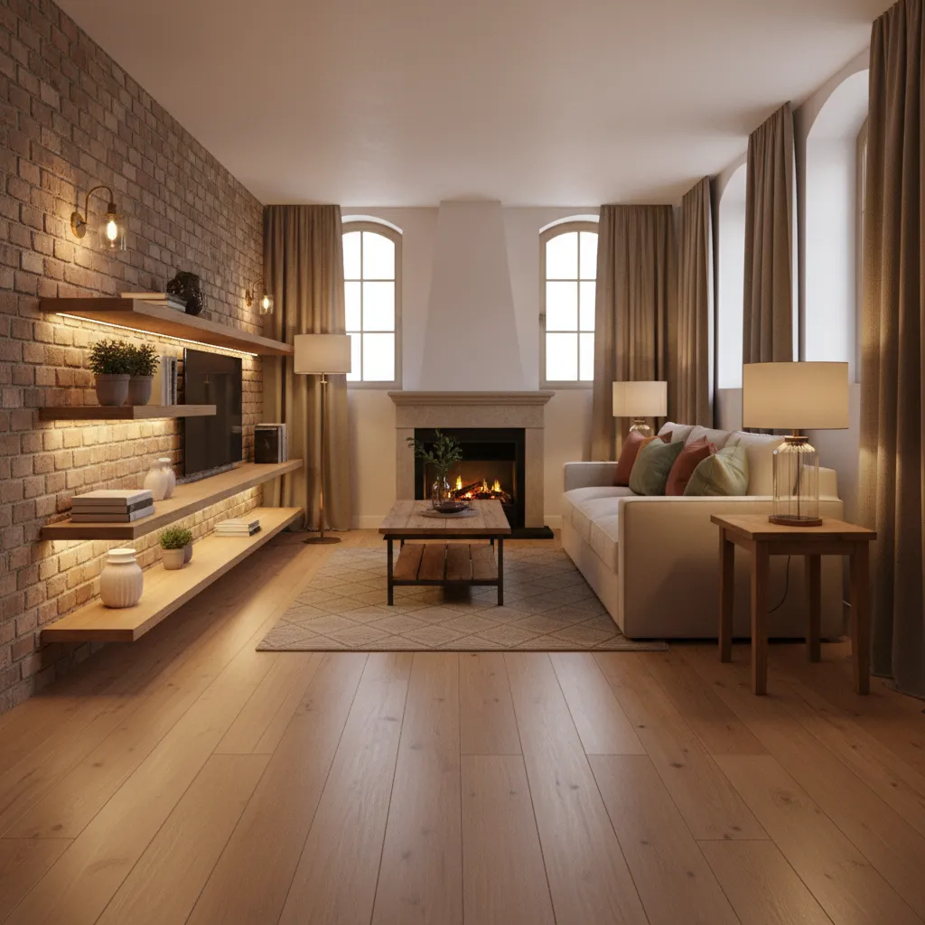 narrow basement living room with layered lighting wall sconces table lamps and warm ambiance