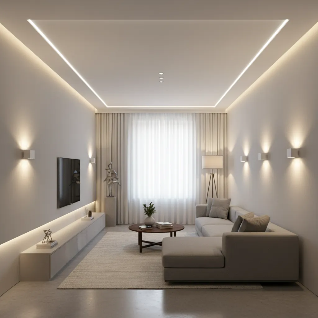 Layered lighting design that visually widens a narrow living room