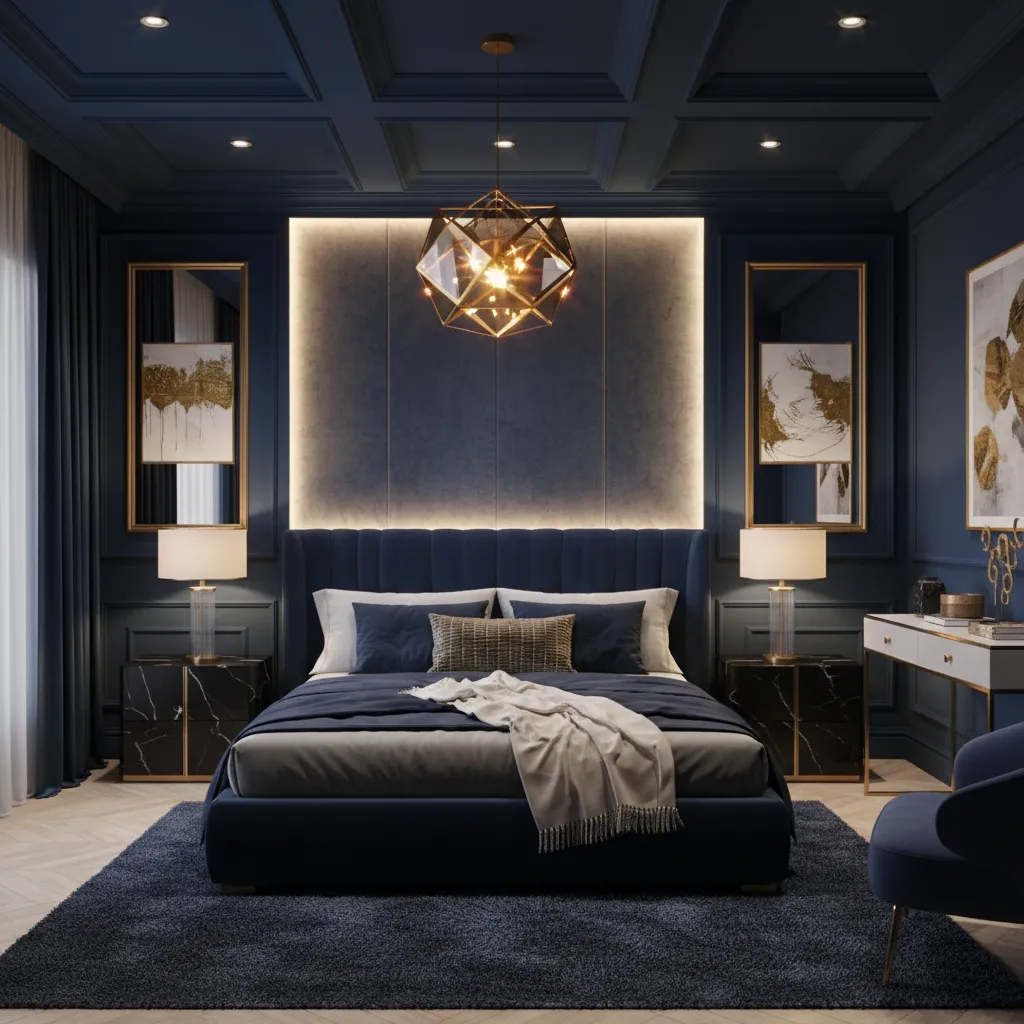 Example of layered lighting in a navy and gold bedroom