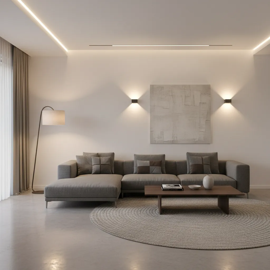 Neutral living room showing layered ceiling floor and accent lighting