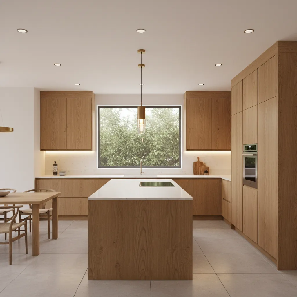 Kitchen with white oak cabinets using layered lighting including pendants and LEDs