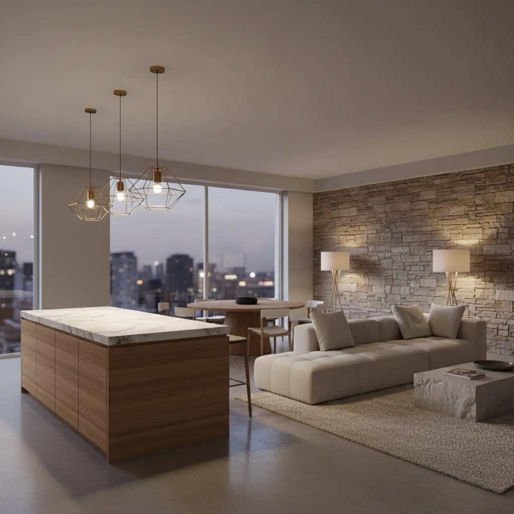 open kitchen living room with pendant lights and warm living room lighting