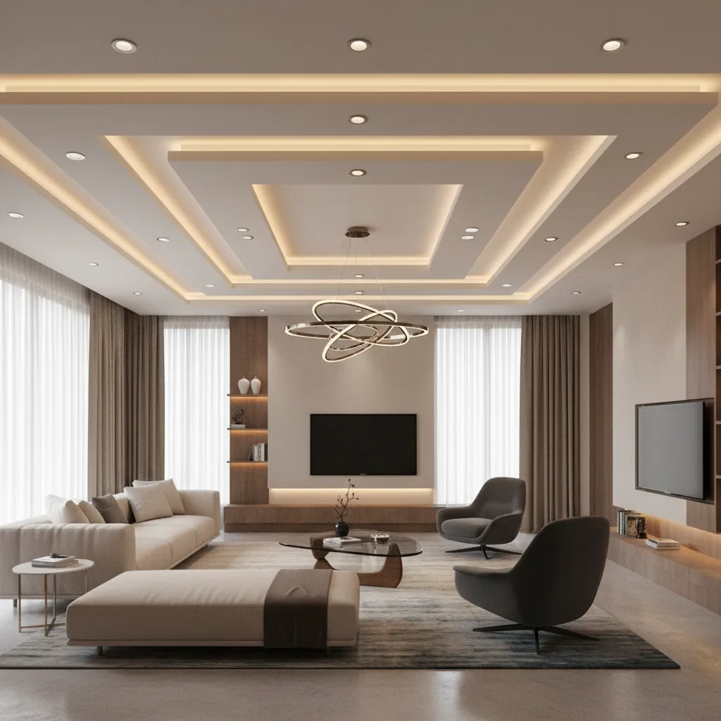 Living room ceiling showing layered lighting with LED strips and spotlights