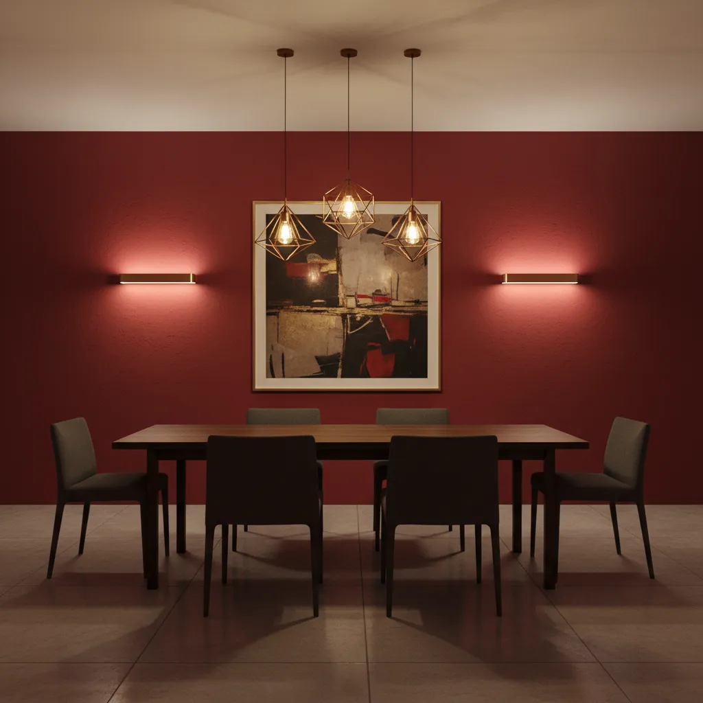 Layered lighting in red dining room with wall sconces and pendant